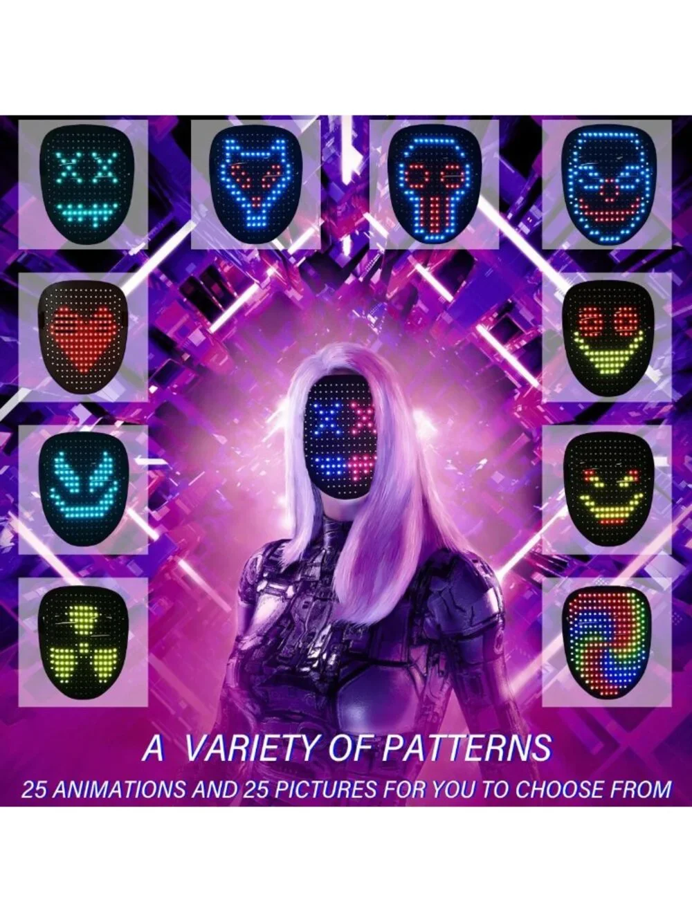 LED Light-Up Face Mask for Kids & Adults | Cool Halloween & Cosplay Gift, USB-C